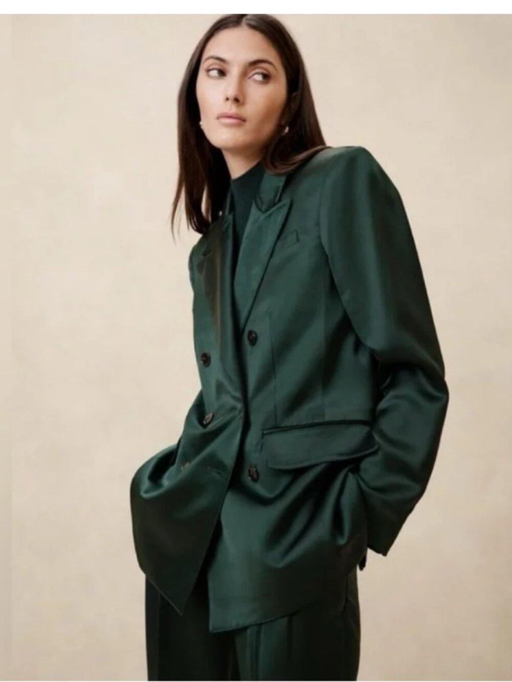 BANANA REPUBLIC Isa Italian Satin Double Breasted Green Blazer Size 6 Worn once - Picture 2 of 2